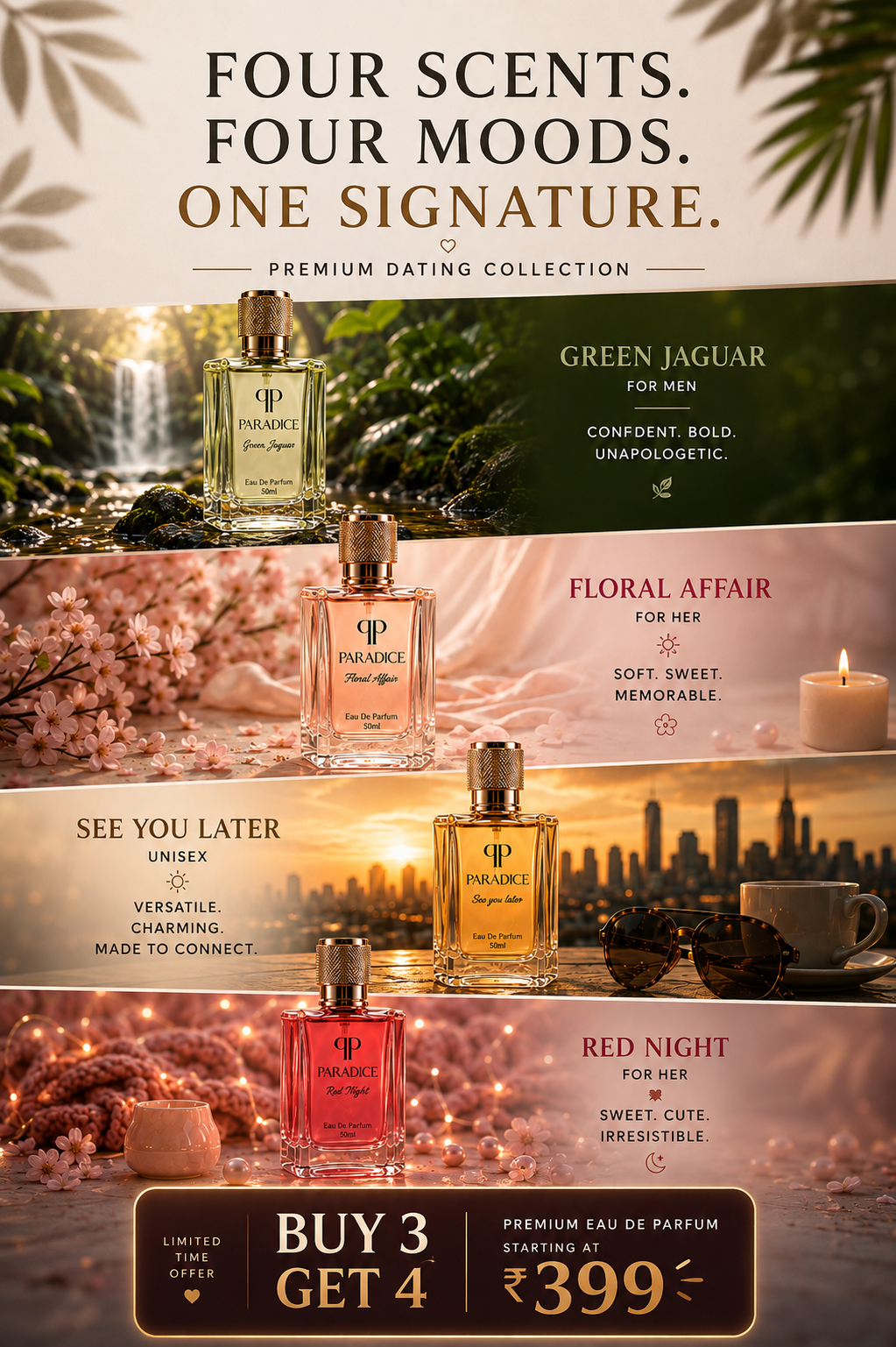 Promotional collage for a fragrance collection showing four perfume bottles labeled Pinnacle with scents Green Jaguar, Floral Affair, See You Later, and Red Night, each paired with mood-themed background imagery and marketing text.