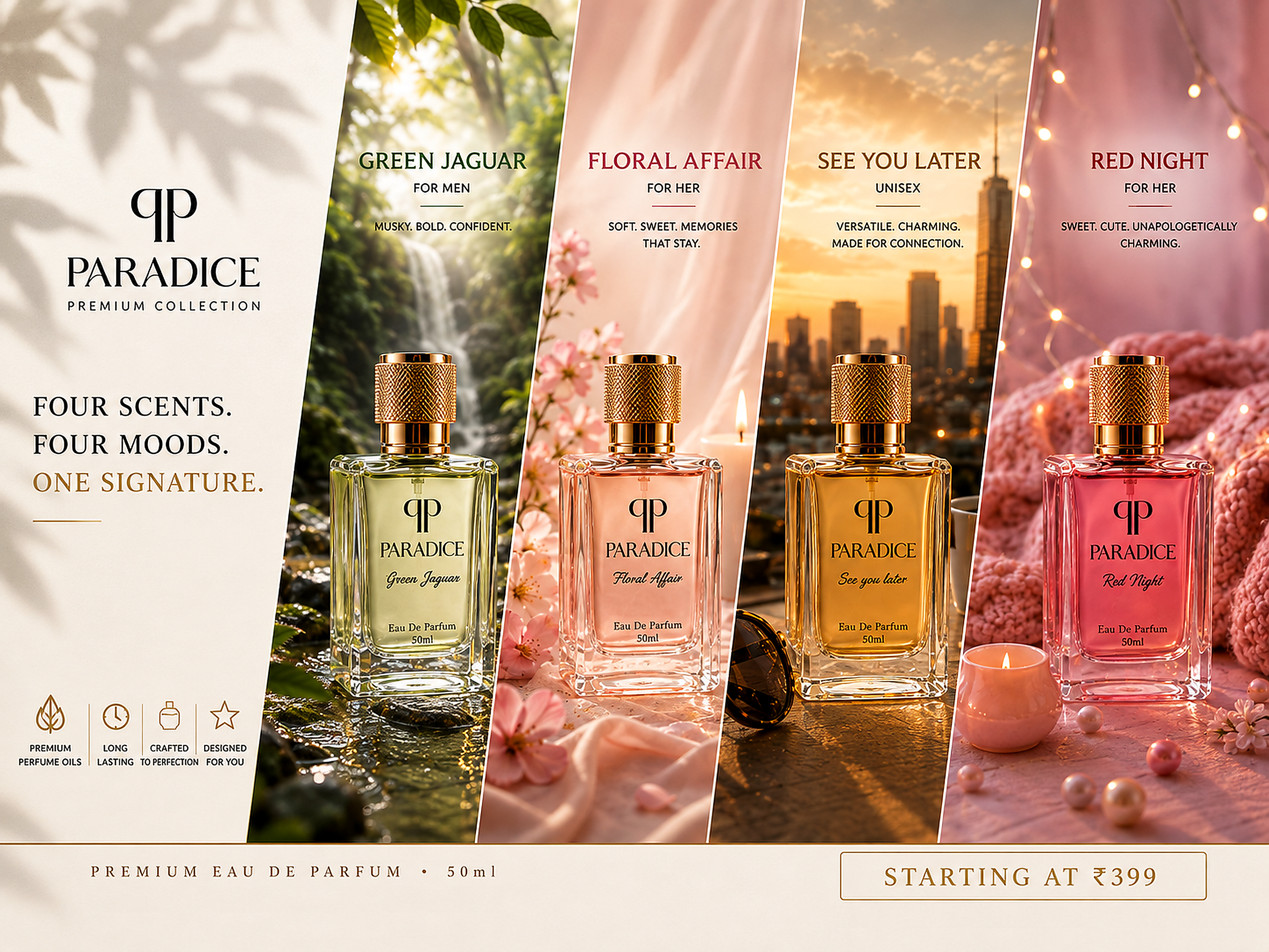 Four Paradice Premium Collection eau de parfum bottles displayed in a split promotional graphic with matching scent names and mood-themed backgrounds: Green Jaguar, Floral Affair, See You Later, and Red Night.